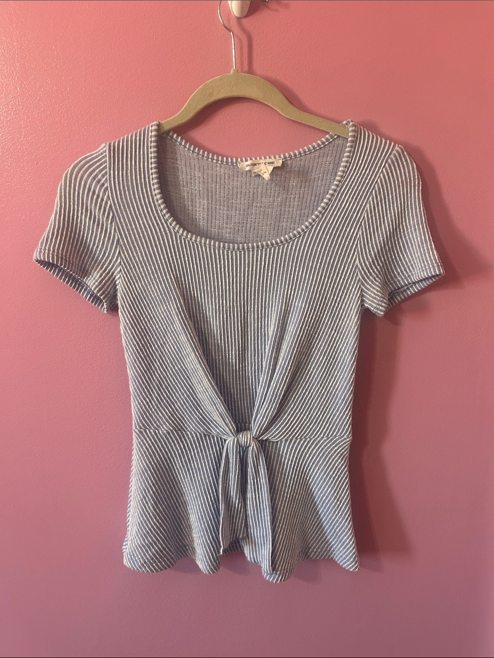 Caution To The Wind Blue and White Striped Tie-Front Short Sleeve Top